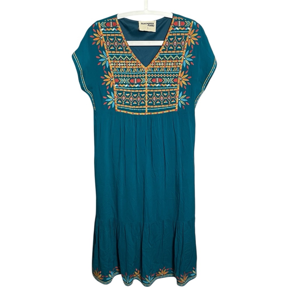 Savanna Jane Teal BOHO MIDI Dress Embroidered